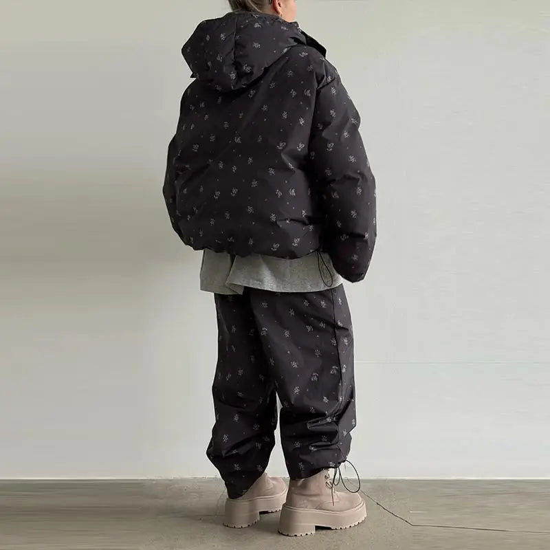 Chic Striped Hooded Puffer Coat Set