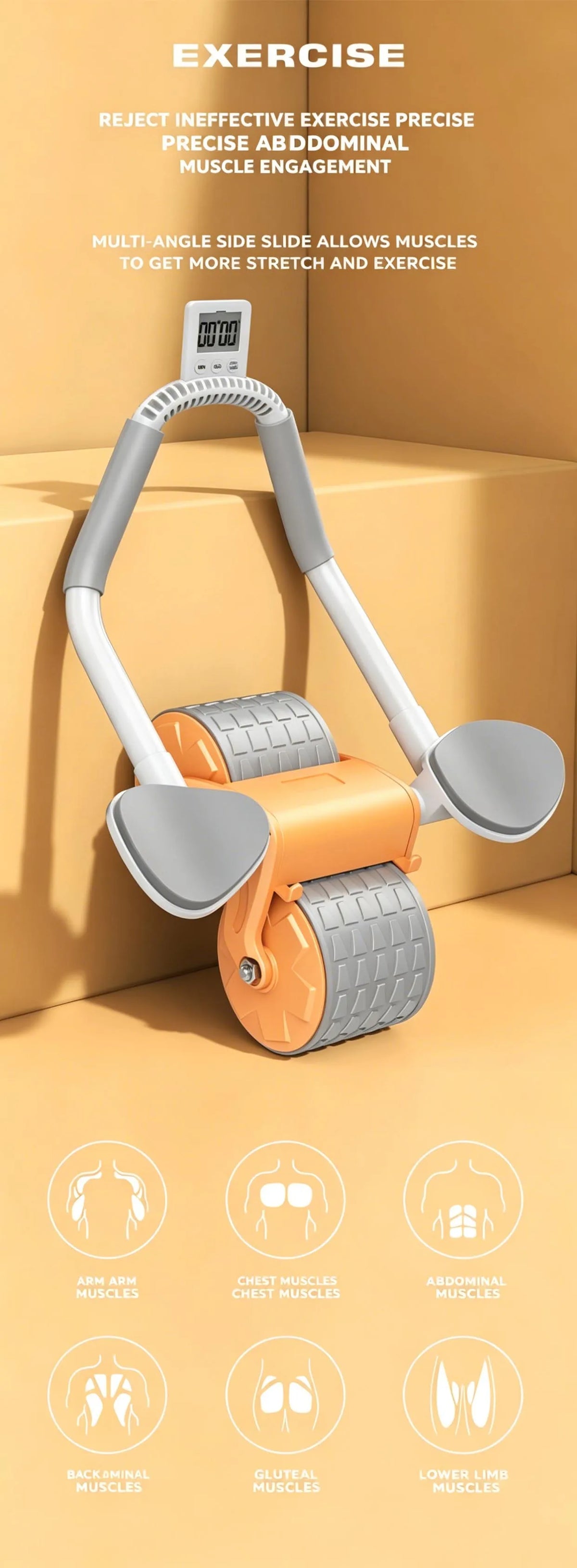 New Ab Roller Wheel with Knee Mat & Timer Automatic with Elbow Support