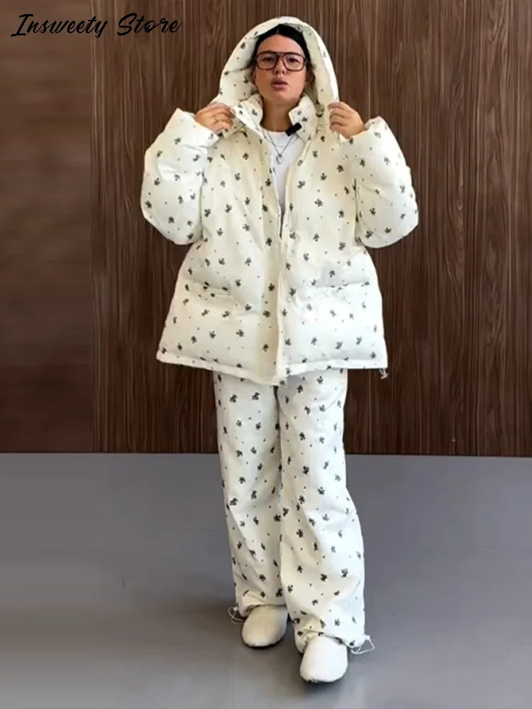 Chic Striped Hooded Puffer Coat Set
