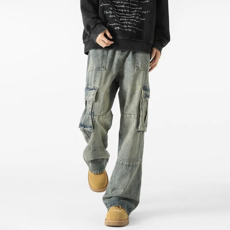 Men's Loose Fit Straight Wide Leg Cargo Jeans
