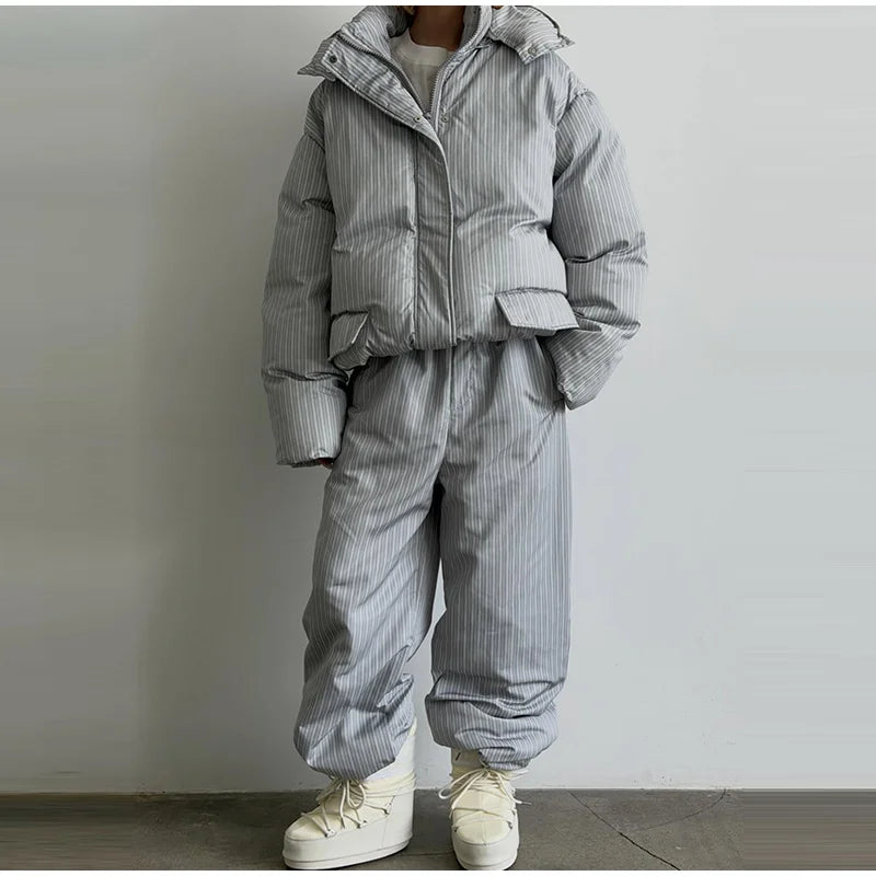 Chic Striped Hooded Puffer Coat Set