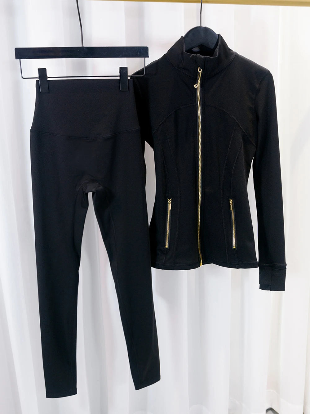 Gold zipper jacket and yoga pants set