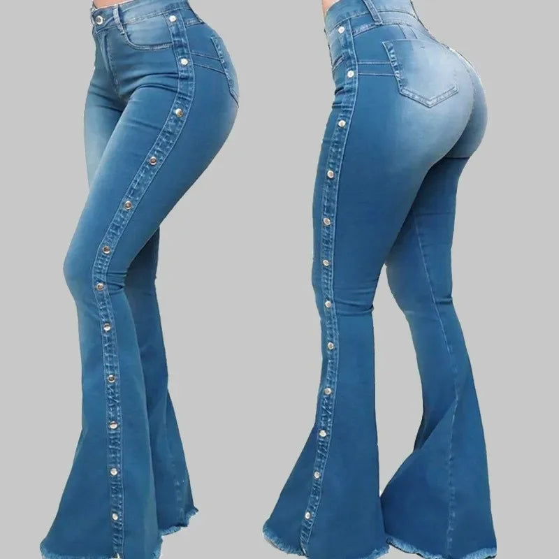 Women High Waist Stretch Denim Flare Pants