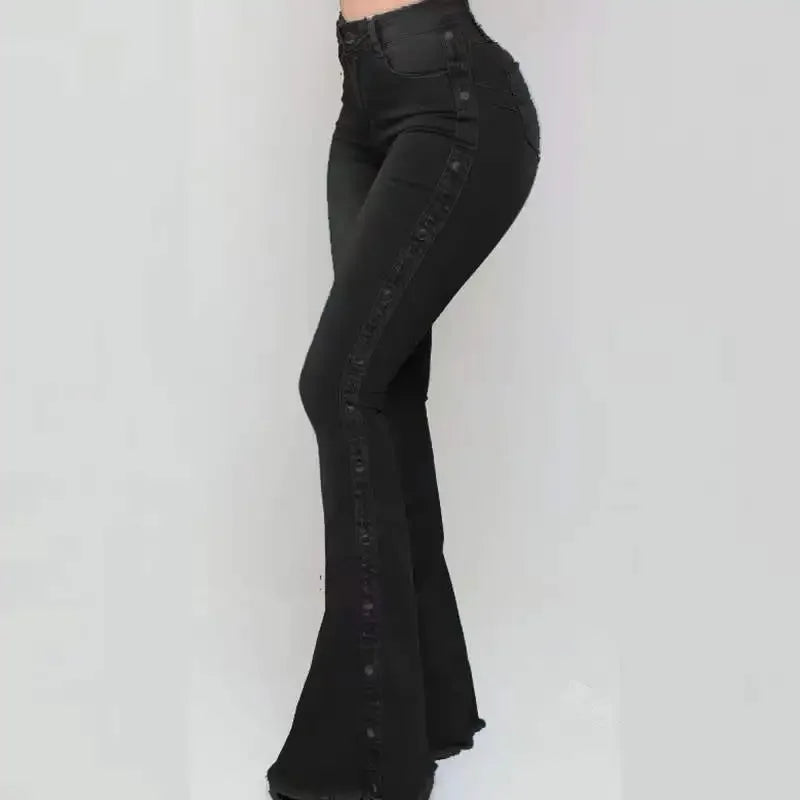 Women High Waist Stretch Denim Flare Pants