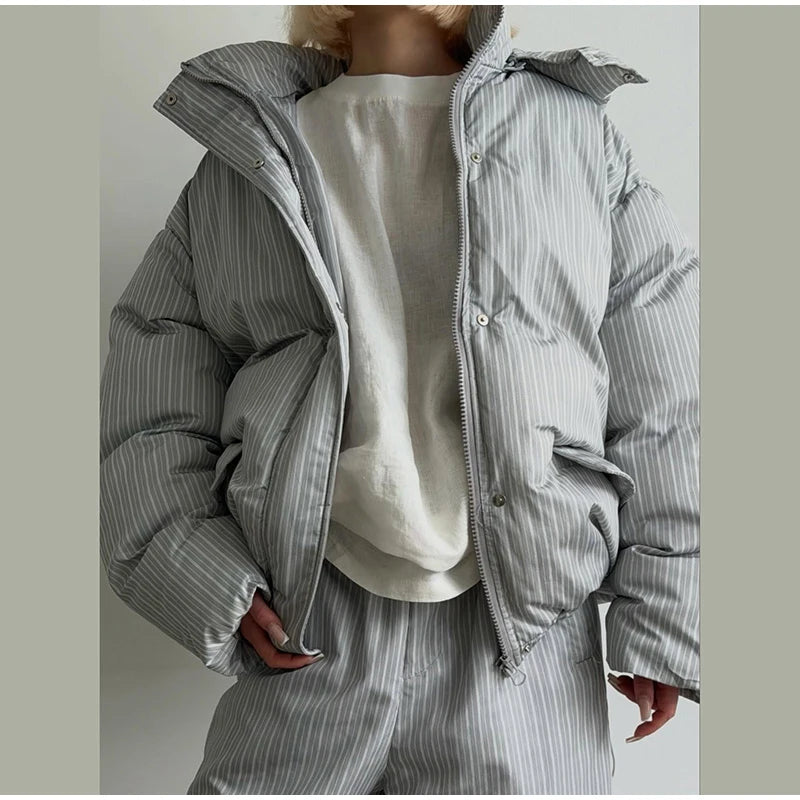 Chic Striped Hooded Puffer Coat Set