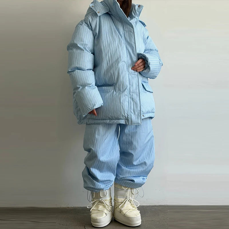 Chic Striped Hooded Puffer Coat Set