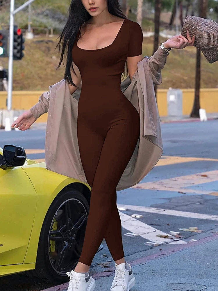Women's Short Sleeve Solid Color One-piece