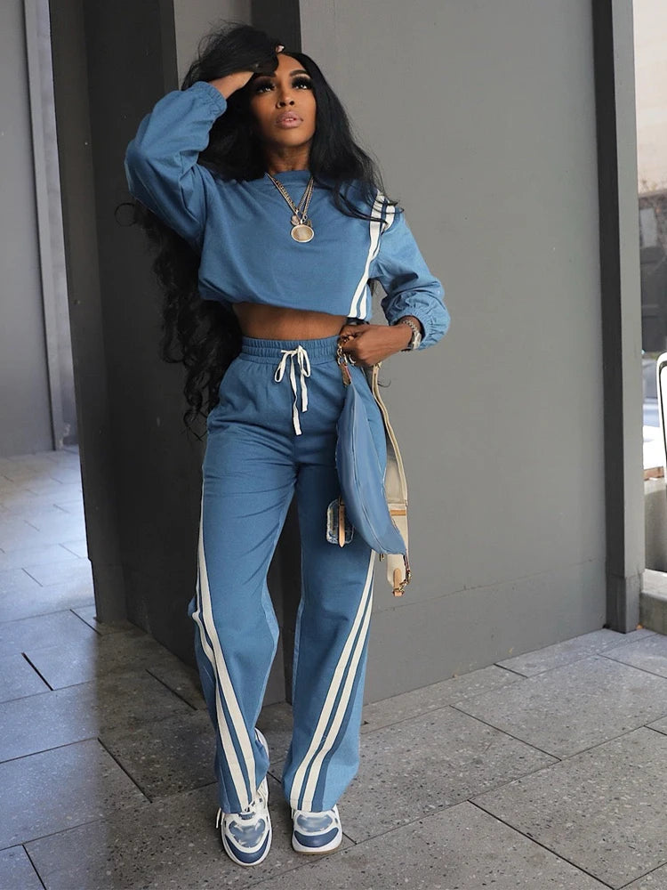Stripe Full Sleeve Sweatshirt and Drawstring Long Pants 2 Piece Sets