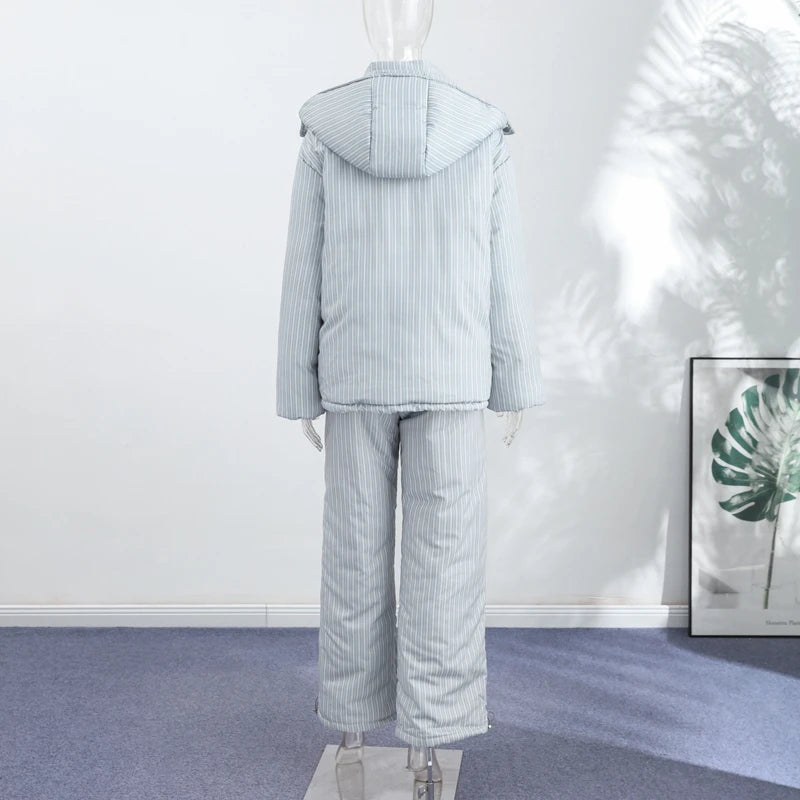 Chic Striped Hooded Puffer Coat Set
