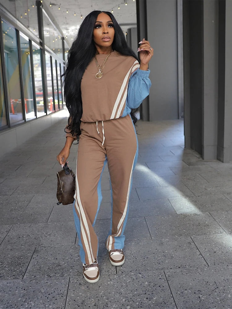 Stripe Full Sleeve Sweatshirt and Drawstring Long Pants 2 Piece Sets