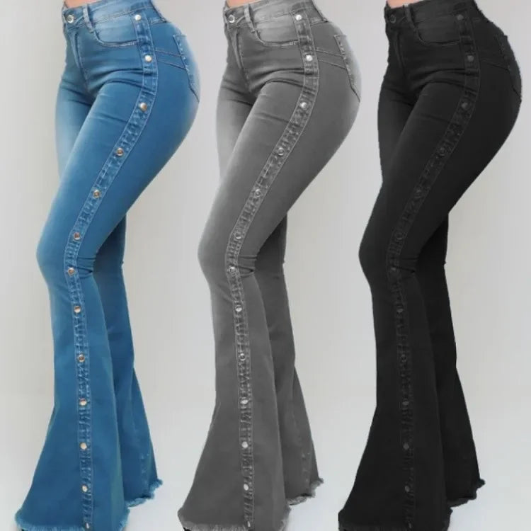 Women High Waist Stretch Denim Flare Pants