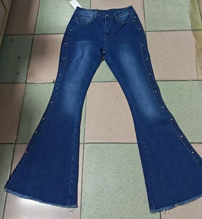Women High Waist Stretch Denim Flare Pants