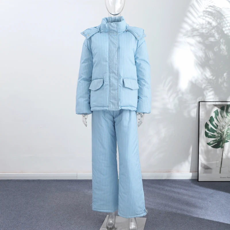 Chic Striped Hooded Puffer Coat Set
