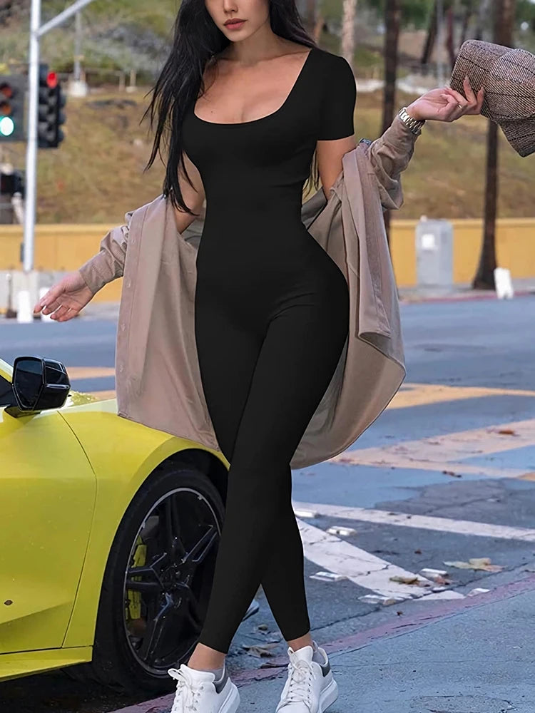 Women's Short Sleeve Solid Color One-piece