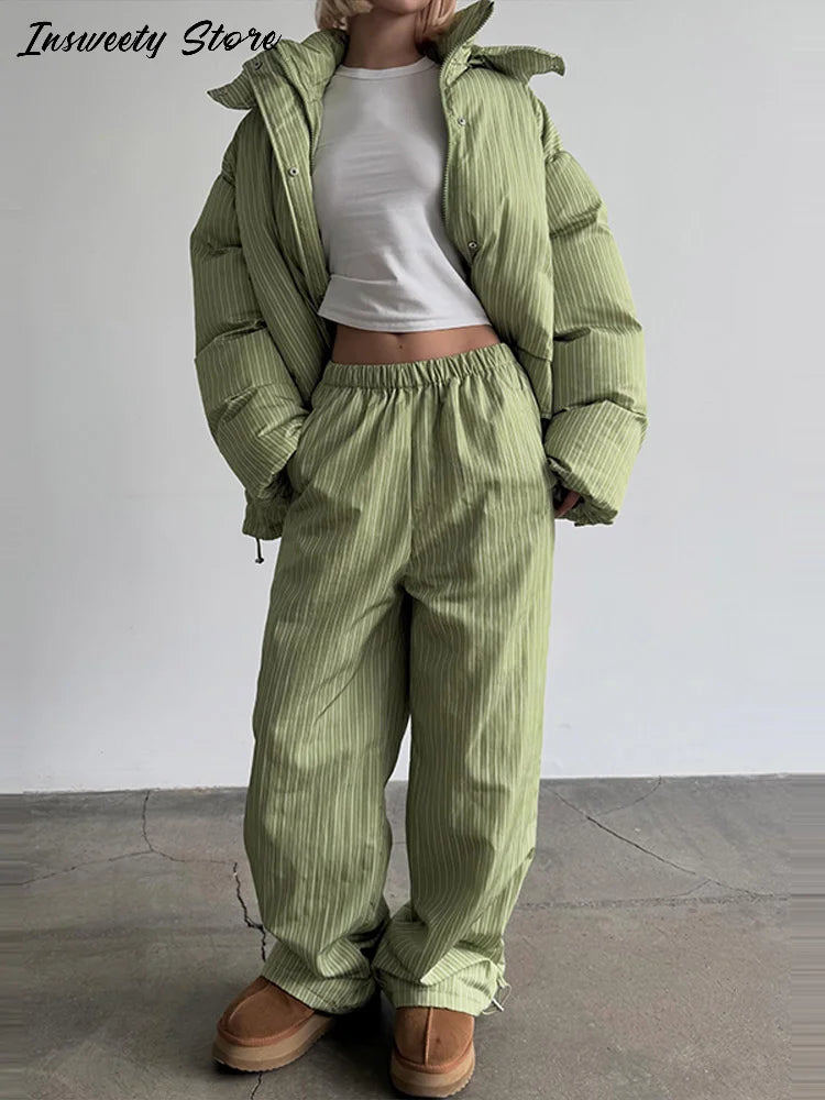 Chic Striped Hooded Puffer Coat Set