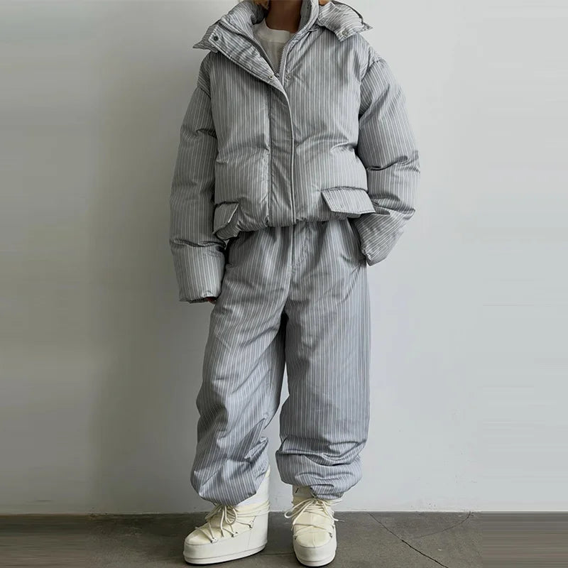 Chic Striped Hooded Puffer Coat Set