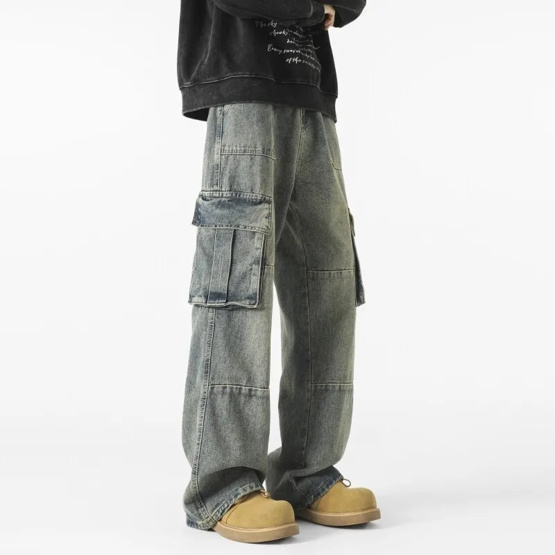 Men's Loose Fit Straight Wide Leg Cargo Jeans