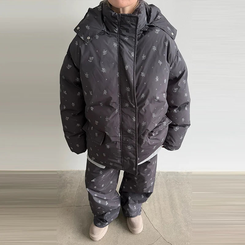 Chic Striped Hooded Puffer Coat Set