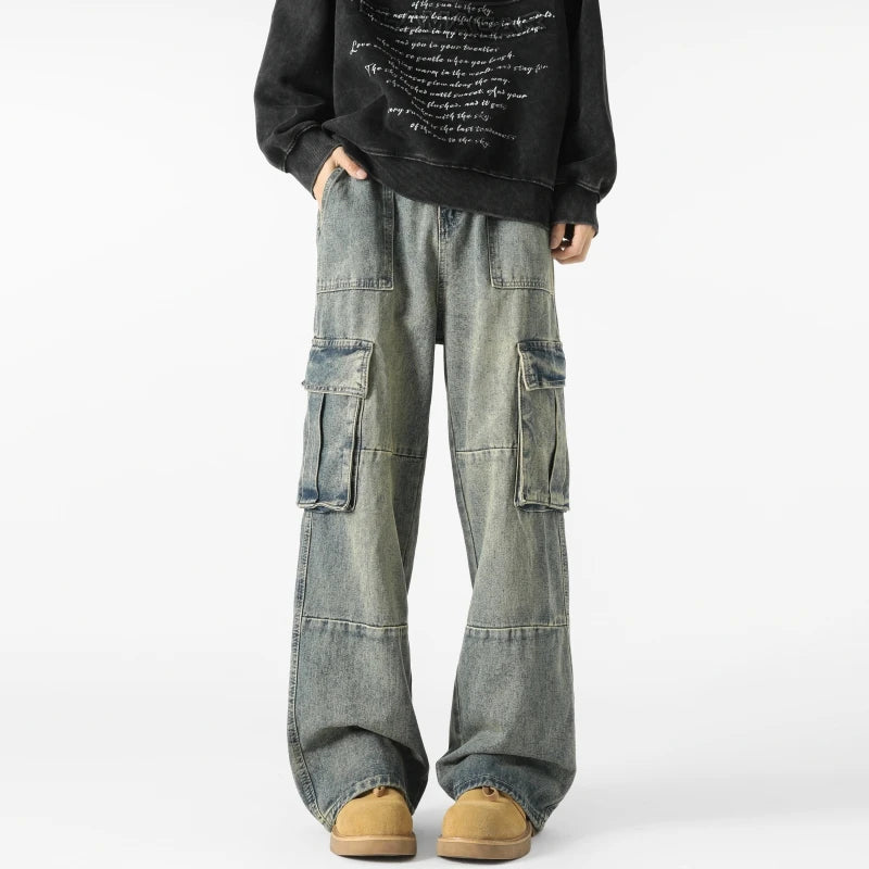 Men's Loose Fit Straight Wide Leg Cargo Jeans