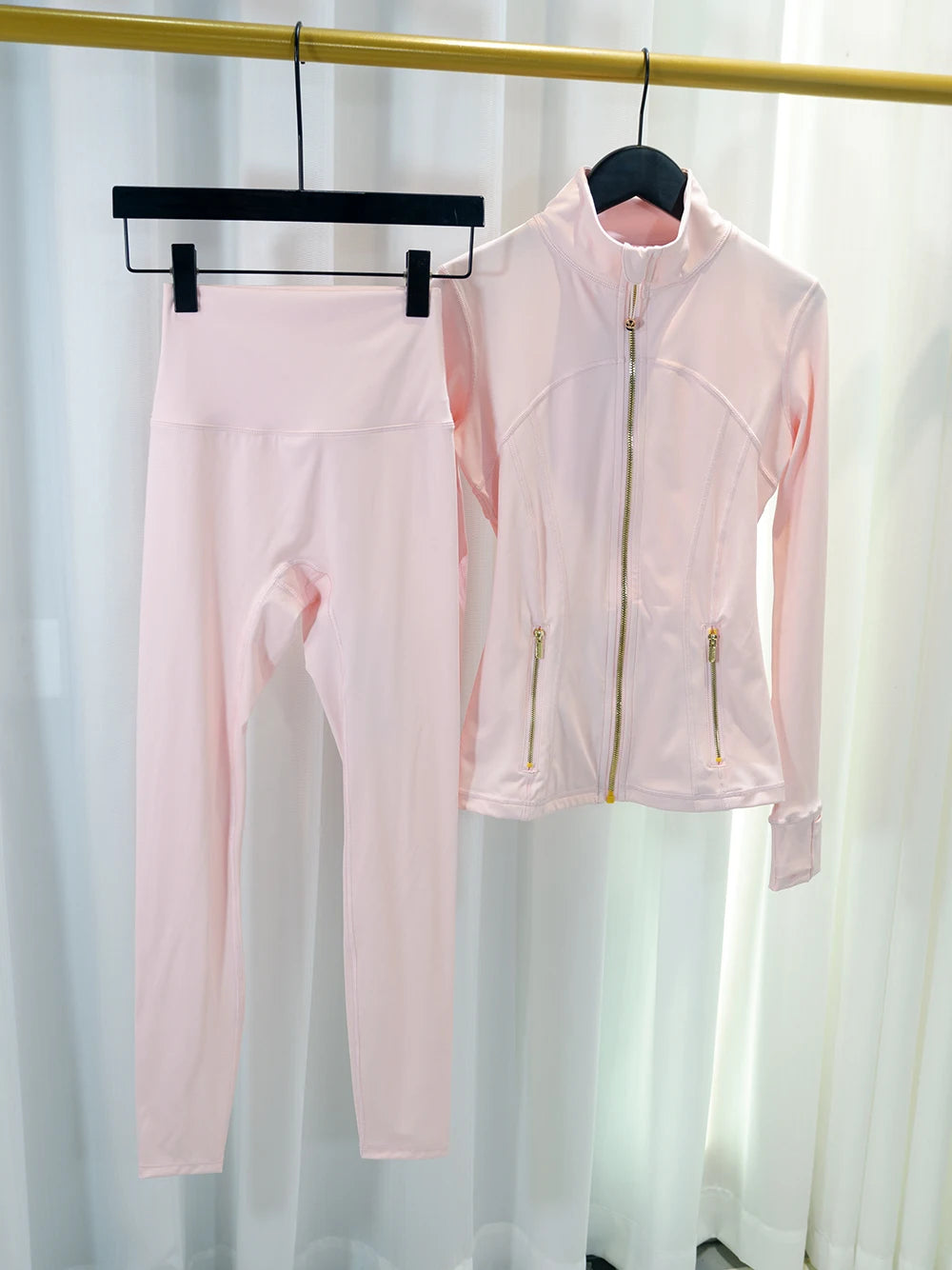 Gold zipper jacket and yoga pants set