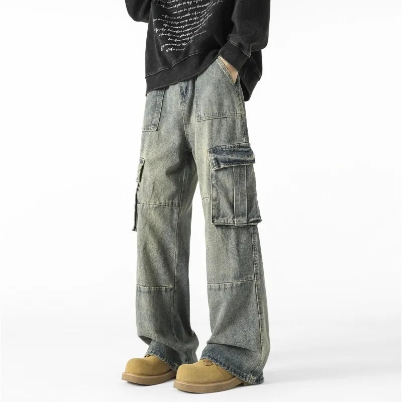 Men's Loose Fit Straight Wide Leg Cargo Jeans