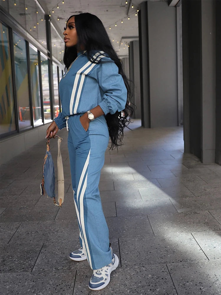 Stripe Full Sleeve Sweatshirt and Drawstring Long Pants 2 Piece Sets