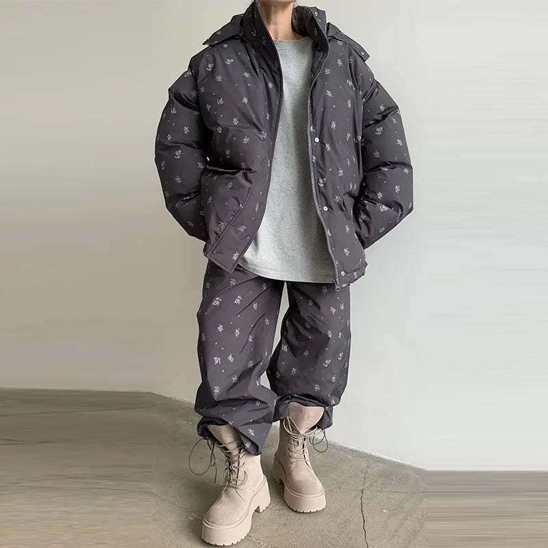 Chic Striped Hooded Puffer Coat Set