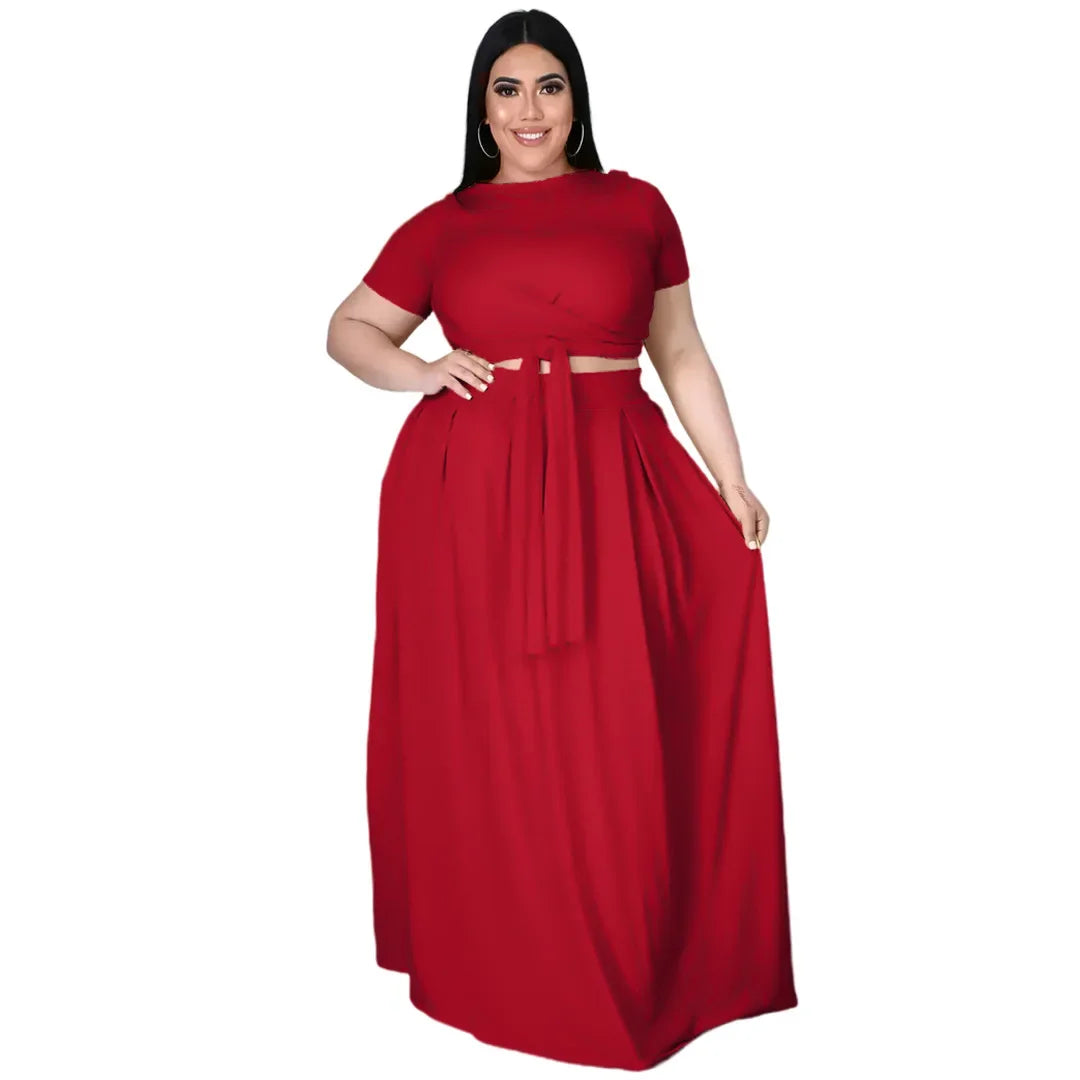 Plus Size Fashionable plus Size Women's Outfit Crossed Belted Skirt Two-Piece Set Solid Color Wide Hemline Stylish Ensemble