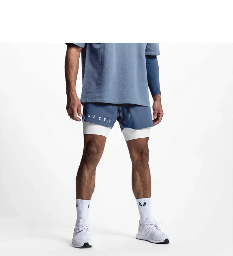 Mens Gyms Fitness 2 in 1 Quick Dry Shorts Summer Running Bodybuilding Jogging Casual Short Pants Workout Male Basketball Bottoms