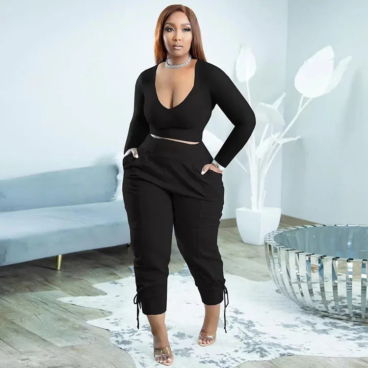 Plus Size Sexy Loose Fit Casual Two-Piece Set for plus Size Women V-Neck Pure Color Pantsuit Fashionable And Comfortable Ense...