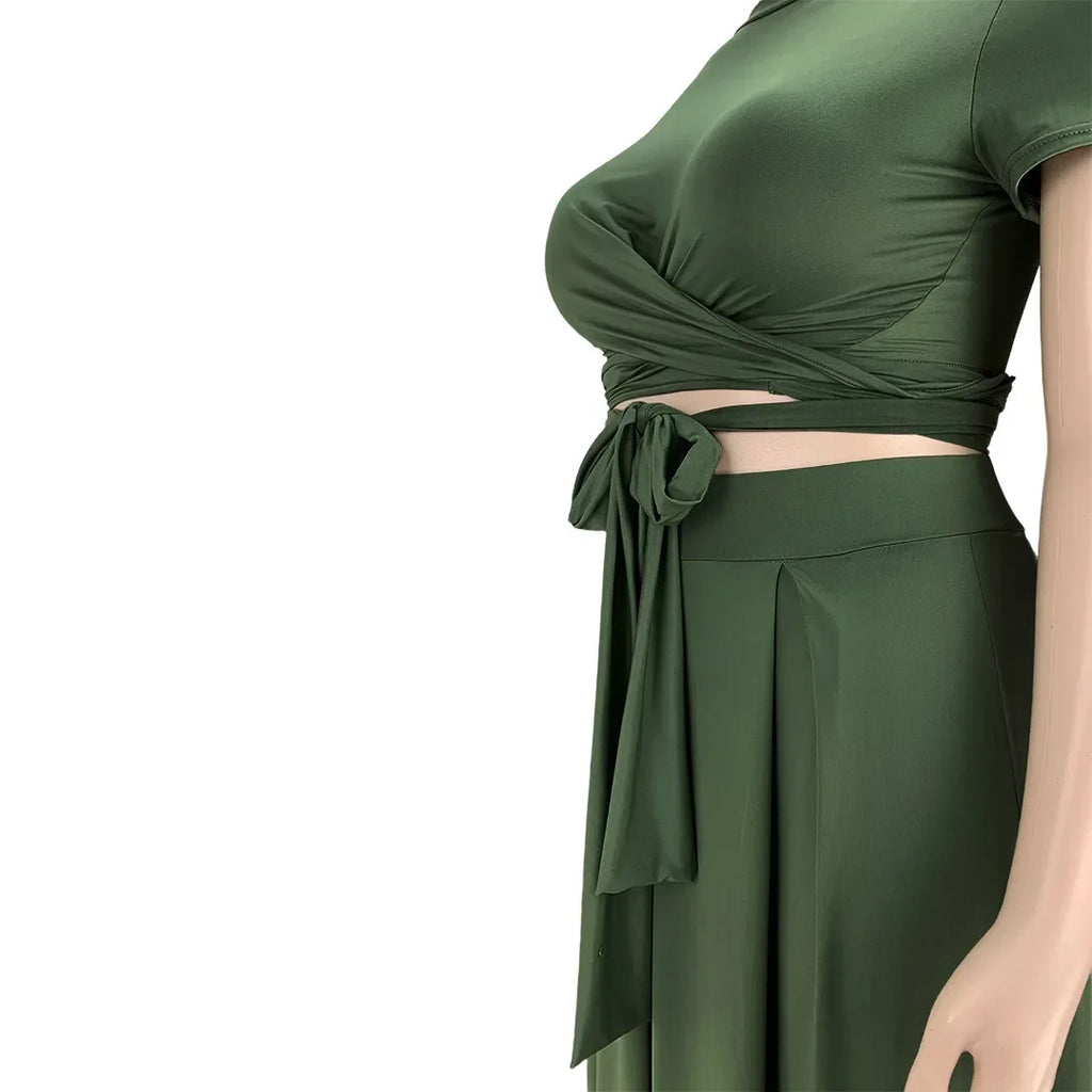 Plus Size Fashionable plus Size Women's Outfit Crossed Belted Skirt Two-Piece Set Solid Color Wide Hemline Stylish Ensemble