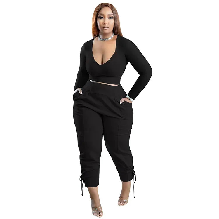 Plus Size Sexy Loose Fit Casual Two-Piece Set for plus Size Women V-Neck Pure Color Pantsuit Fashionable And Comfortable Ense...