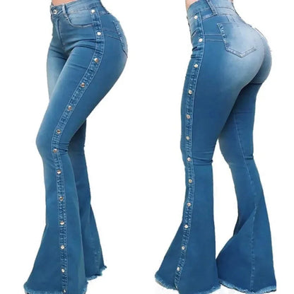 Women High Waist Stretch Denim Flare Pants