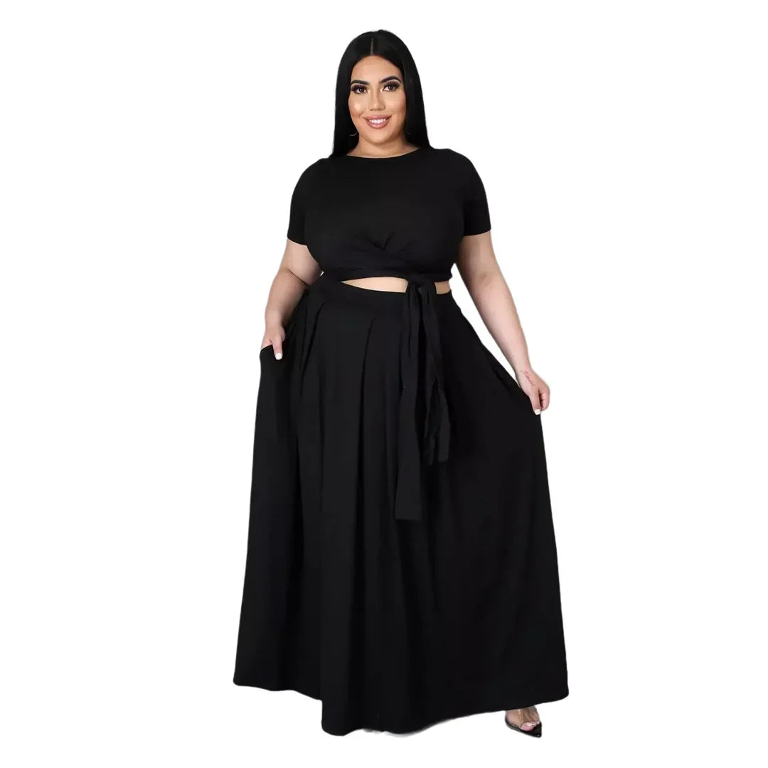 Plus Size Fashionable plus Size Women's Outfit Crossed Belted Skirt Two-Piece Set Solid Color Wide Hemline Stylish Ensemble