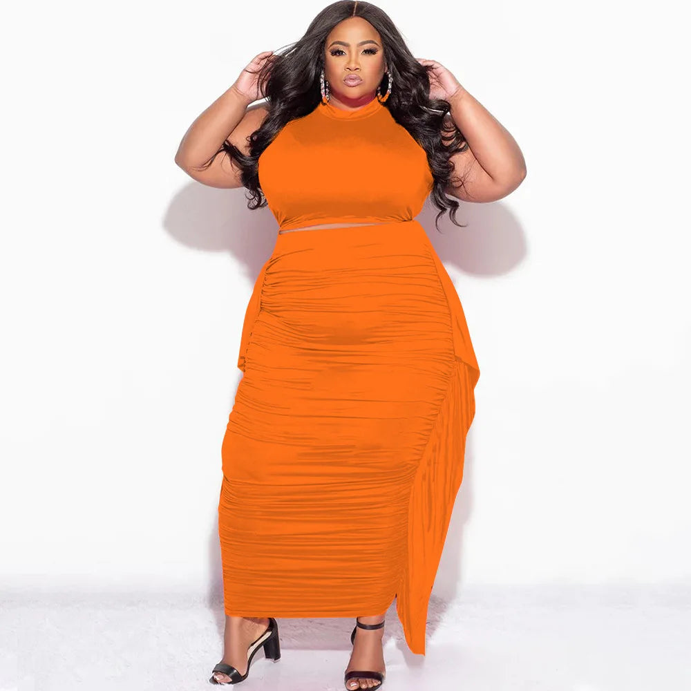 Plus Size Tassel Matching Set Women Chubby Crop Top Female Ruced Dress Luxury Elegant Outfit 2024 Summer Two Piece Skirt Set