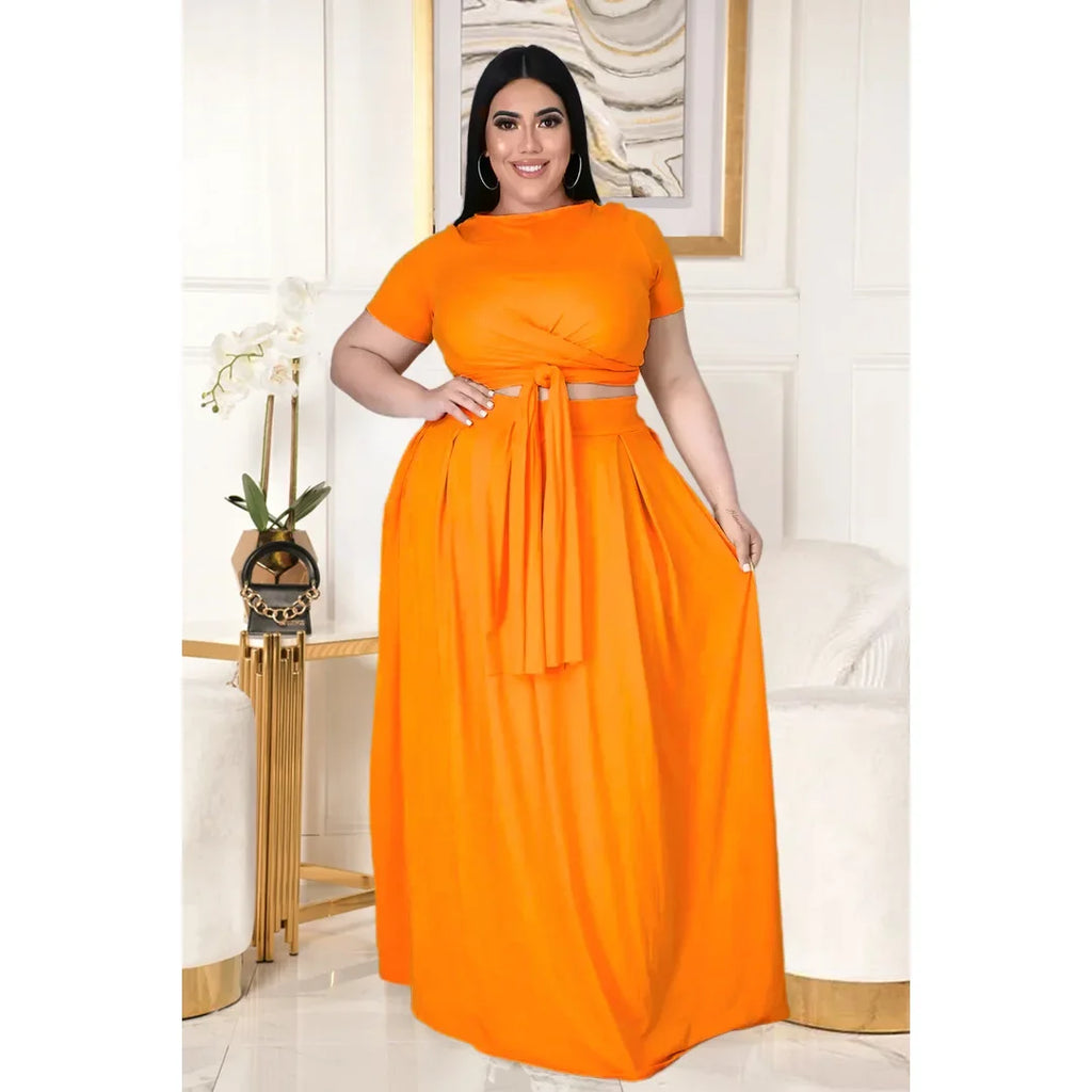 Plus Size Fashionable plus Size Women's Outfit Crossed Belted Skirt Two-Piece Set Solid Color Wide Hemline Stylish Ensemble