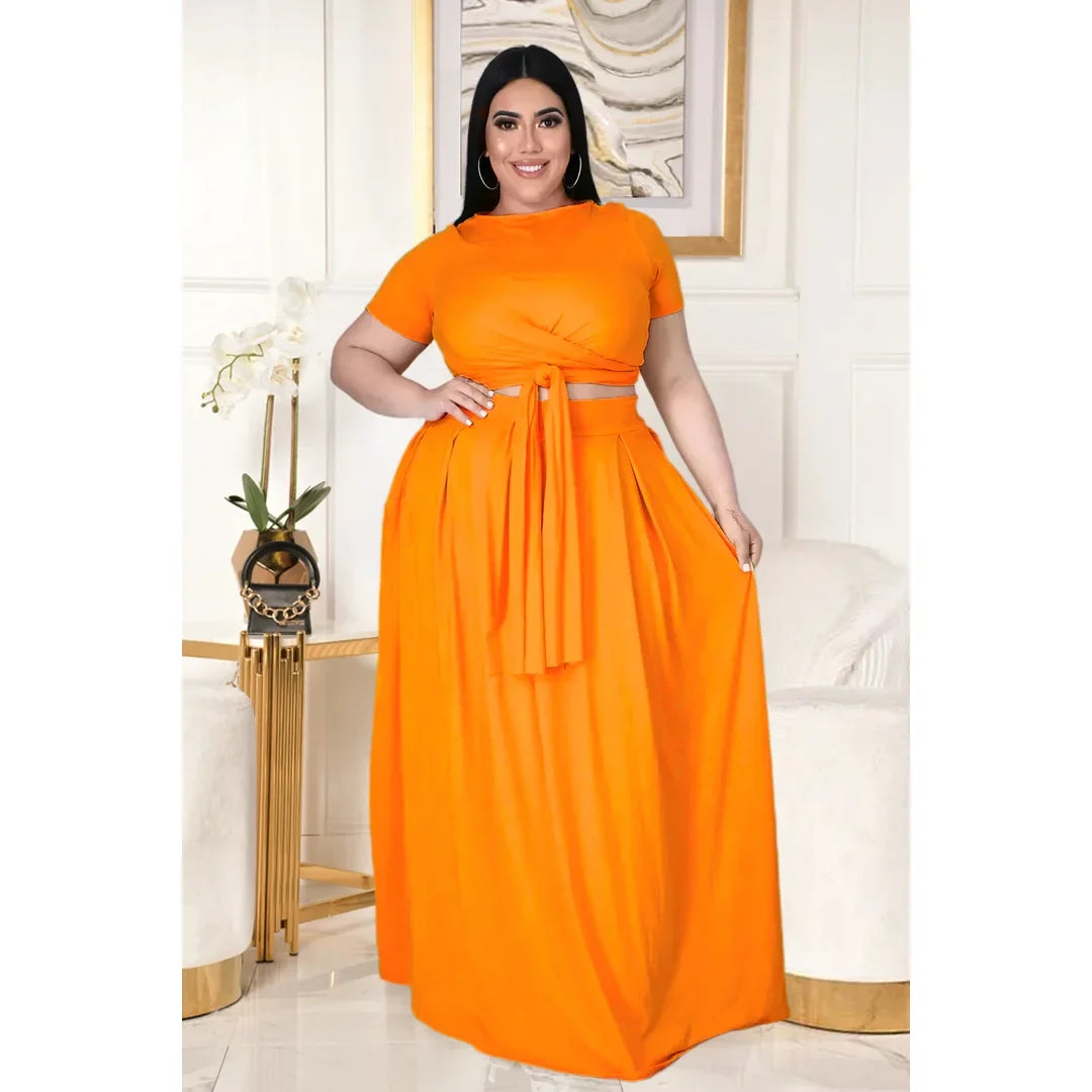 Plus Size Fashionable plus Size Women's Outfit Crossed Belted Skirt Two-Piece Set Solid Color Wide Hemline Stylish Ensemble