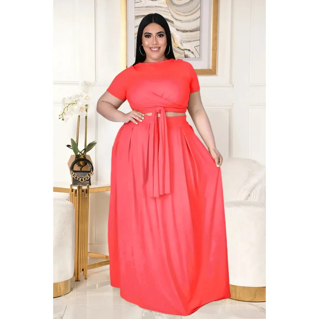Plus Size Fashionable plus Size Women's Outfit Crossed Belted Skirt Two-Piece Set Solid Color Wide Hemline Stylish Ensemble