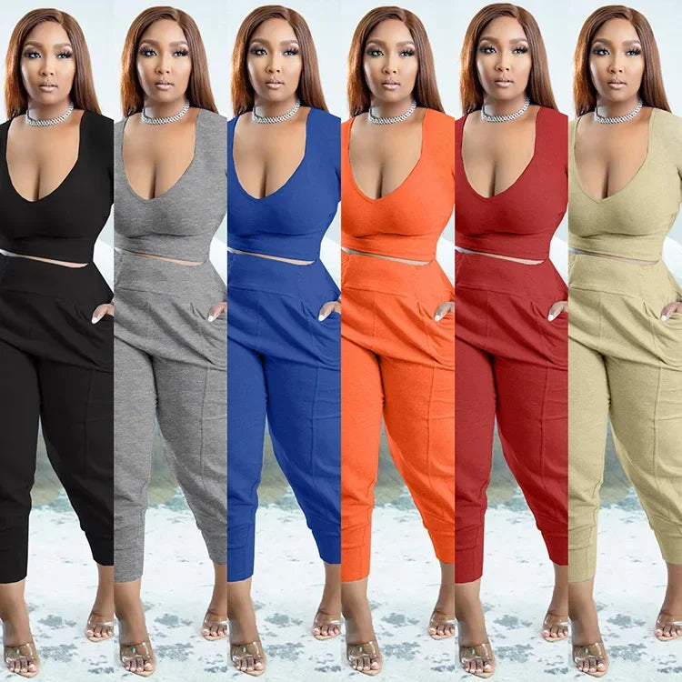 Plus Size Sexy Loose Fit Casual Two-Piece Set for plus Size Women V-Neck Pure Color Pantsuit Fashionable And Comfortable Ense...