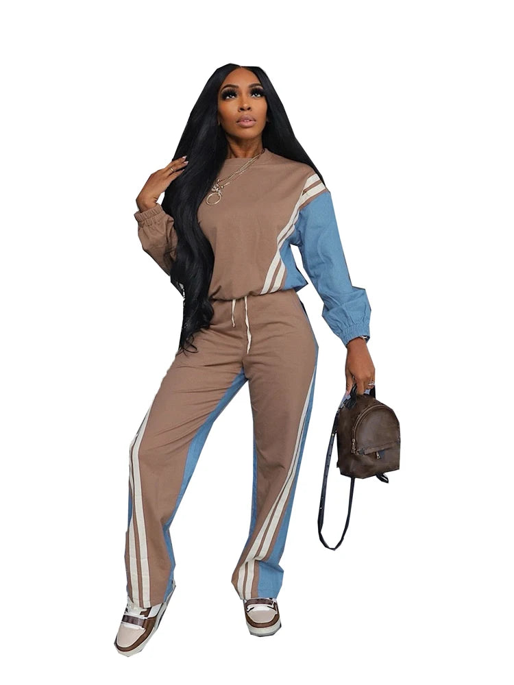 Stripe Full Sleeve Sweatshirt and Drawstring Long Pants 2 Piece Sets