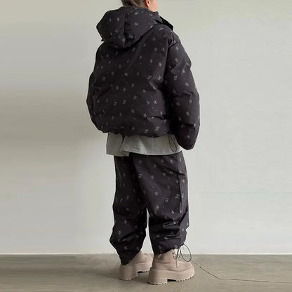 Chic Striped Hooded Puffer Coat Set