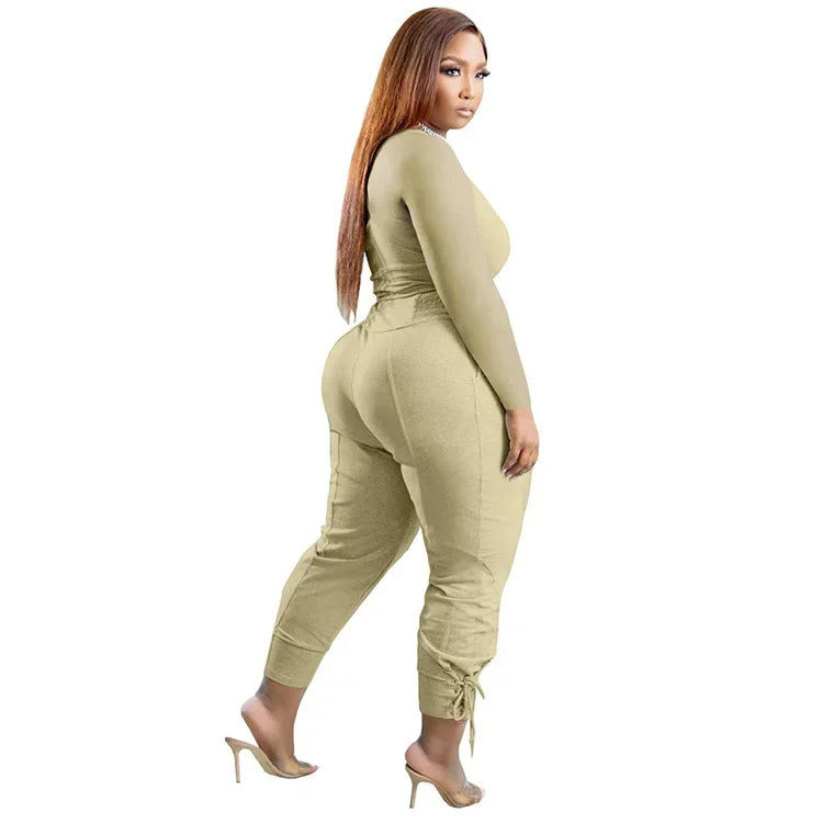 Plus Size Sexy Loose Fit Casual Two-Piece Set for plus Size Women V-Neck Pure Color Pantsuit Fashionable And Comfortable Ense...