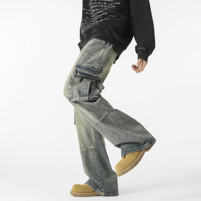 Men's Loose Fit Straight Wide Leg Cargo Jeans