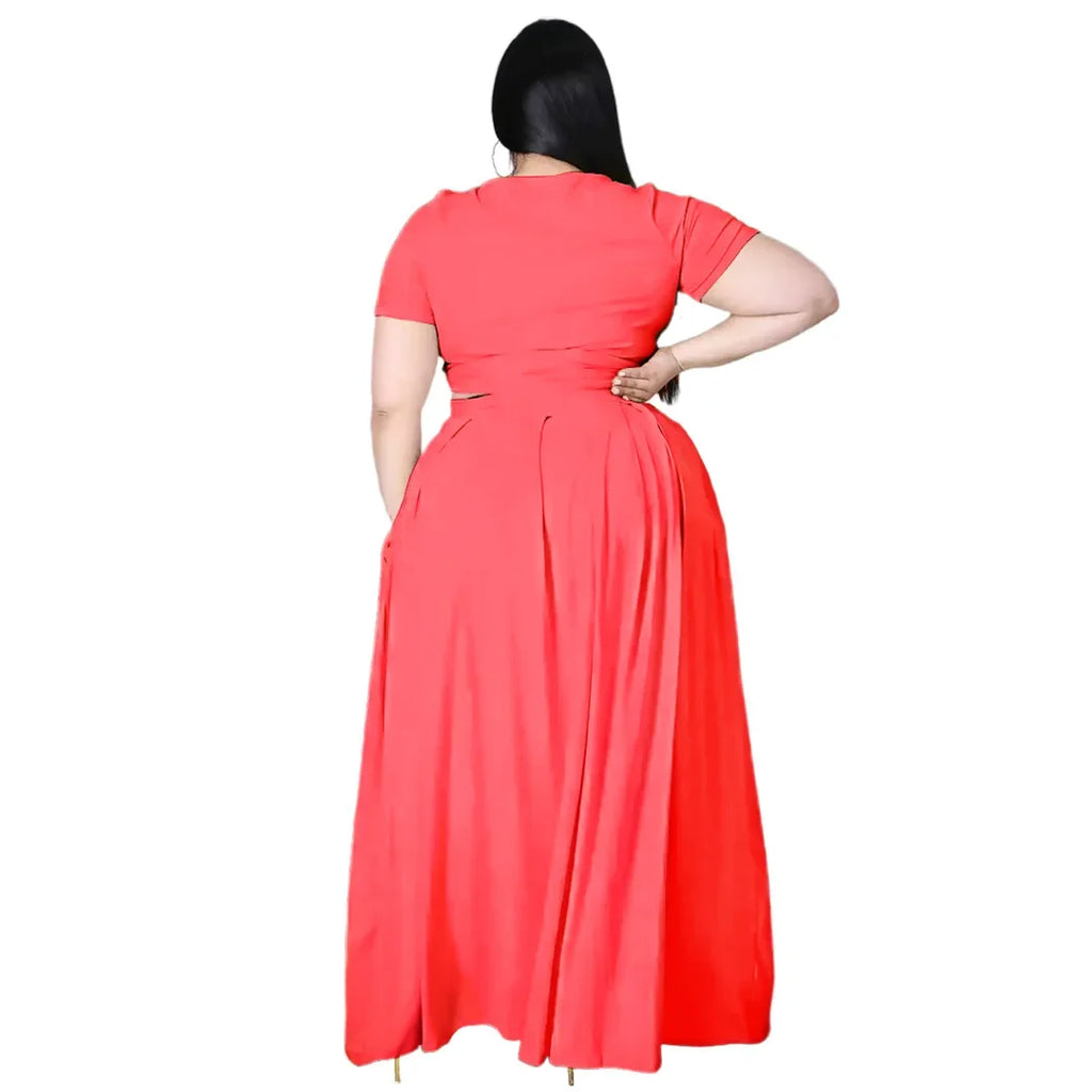 Plus Size Fashionable plus Size Women's Outfit Crossed Belted Skirt Two-Piece Set Solid Color Wide Hemline Stylish Ensemble