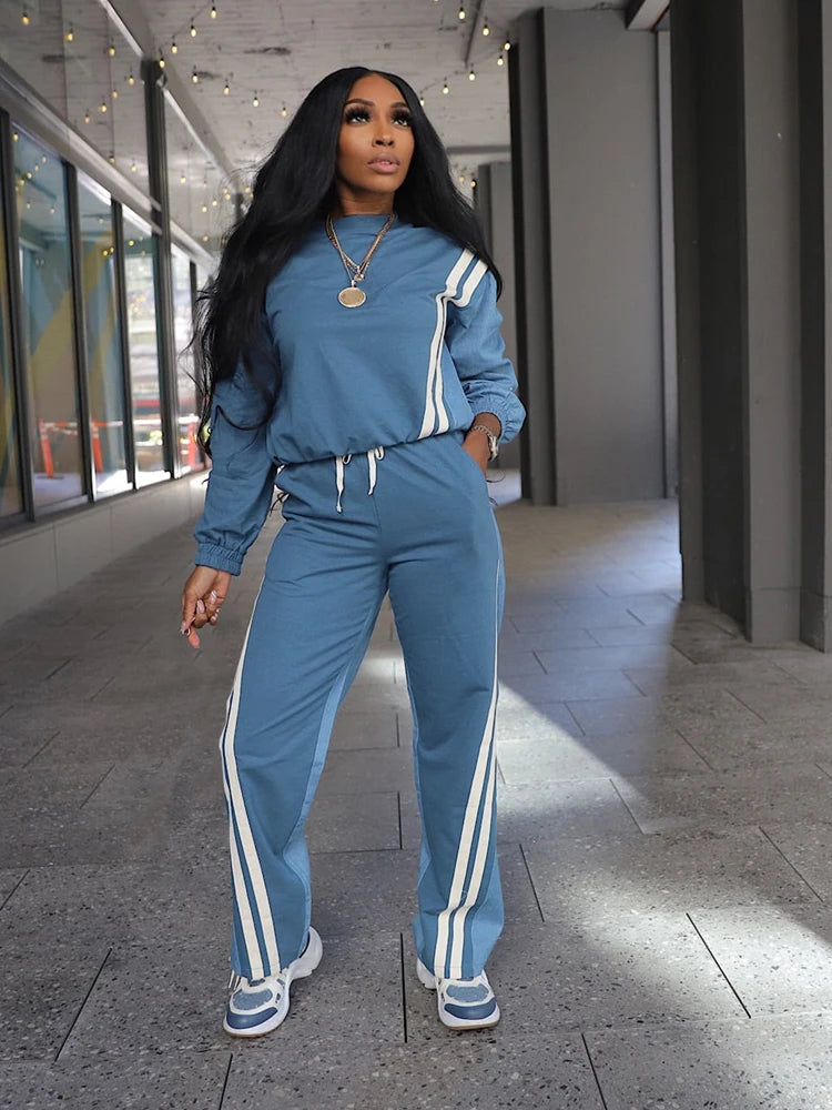 Stripe Full Sleeve Sweatshirt and Drawstring Long Pants 2 Piece Sets