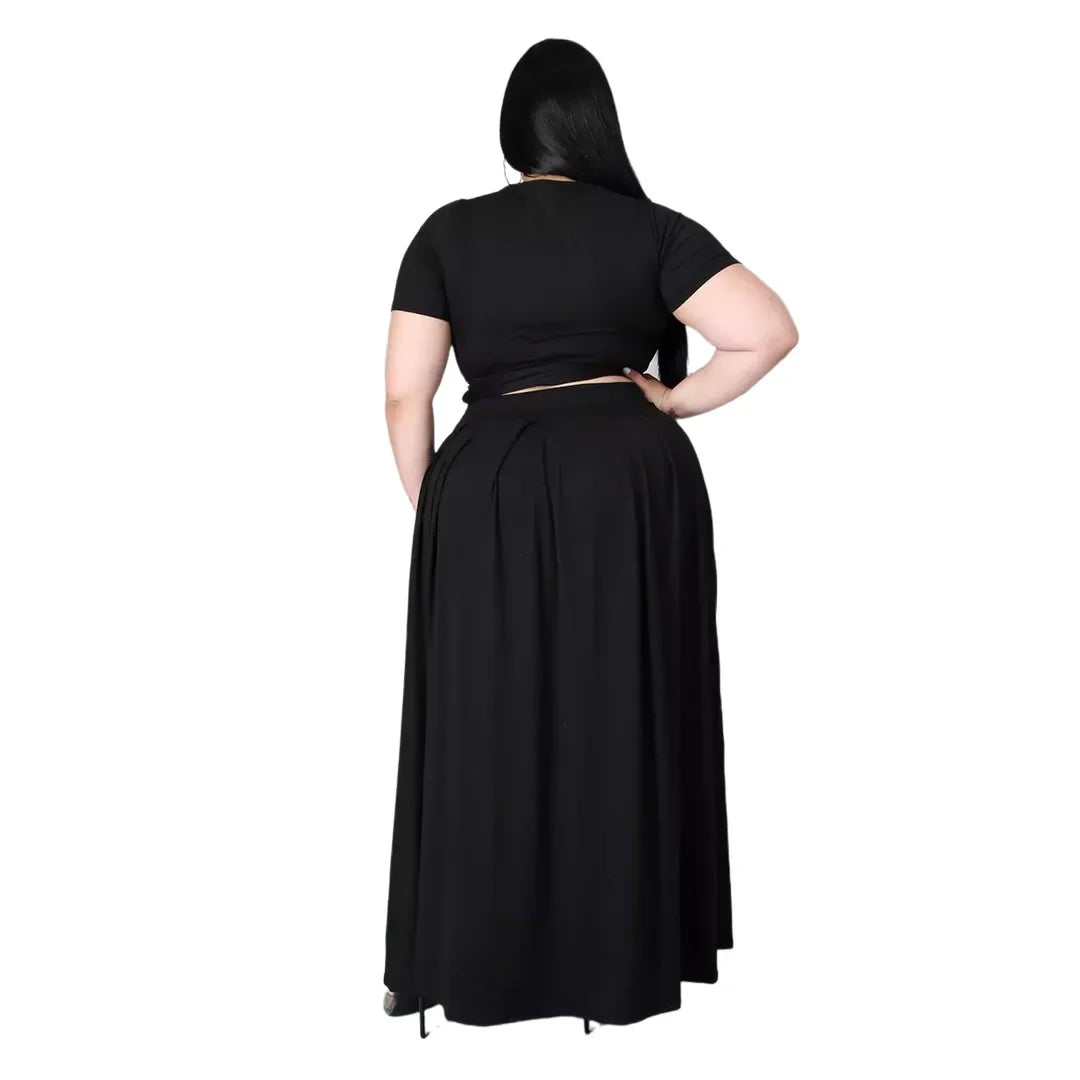 Plus Size Fashionable plus Size Women's Outfit Crossed Belted Skirt Two-Piece Set Solid Color Wide Hemline Stylish Ensemble
