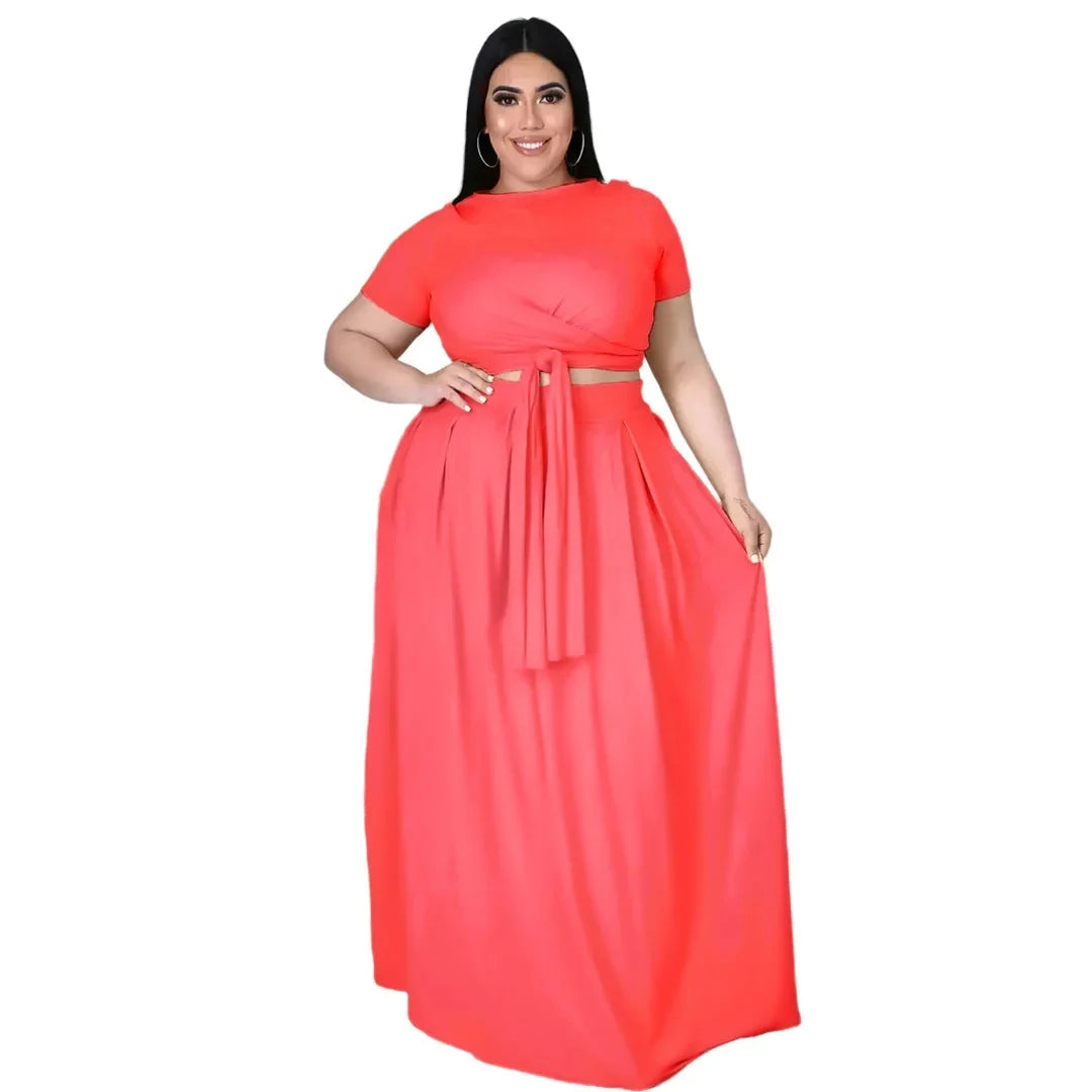 Plus Size Fashionable plus Size Women's Outfit Crossed Belted Skirt Two-Piece Set Solid Color Wide Hemline Stylish Ensemble