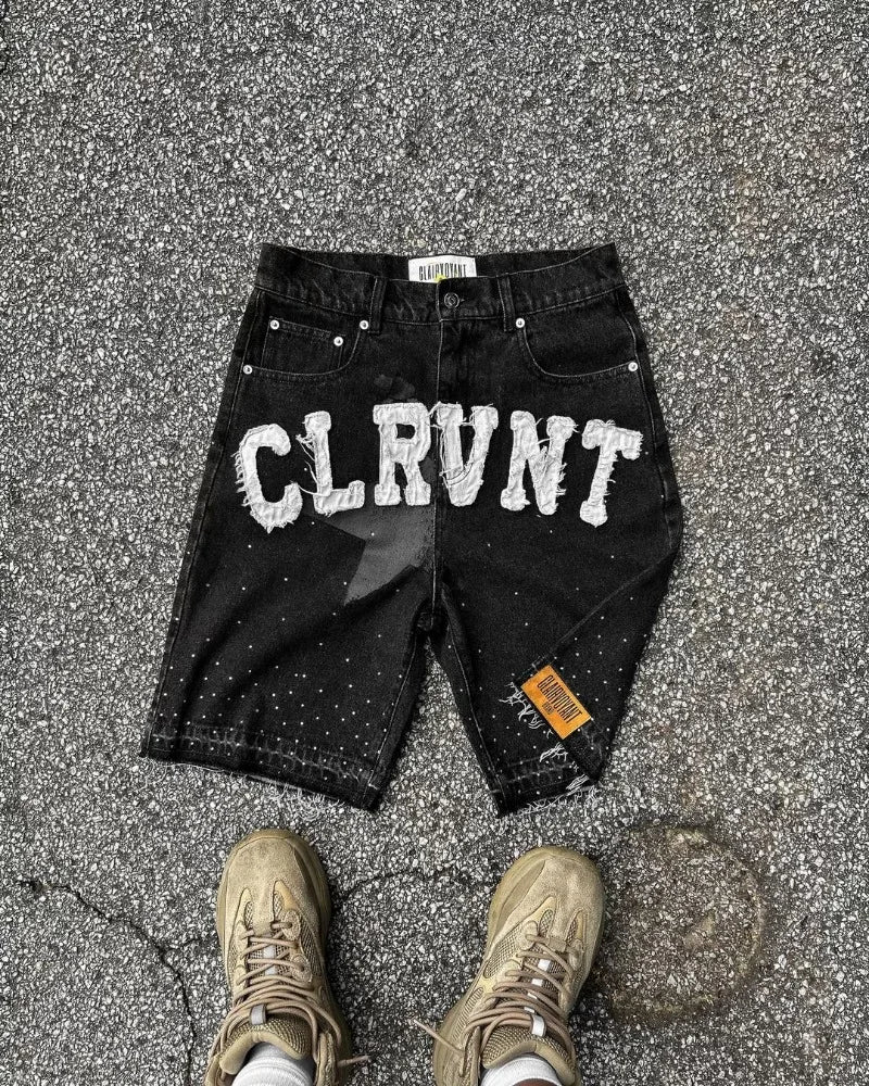 Beaded Letter Embroidery Oversized Denim Shorts