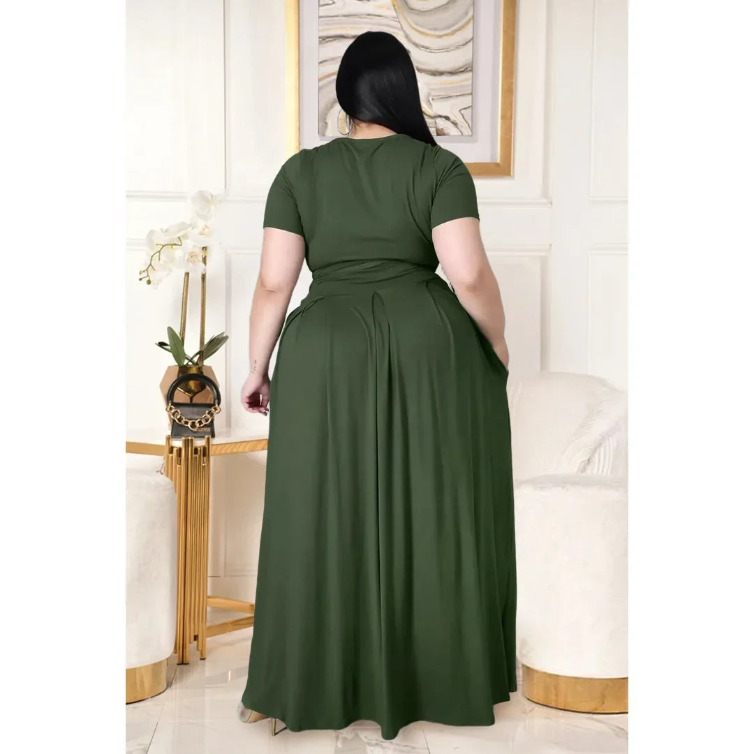 Plus Size Fashionable plus Size Women's Outfit Crossed Belted Skirt Two-Piece Set Solid Color Wide Hemline Stylish Ensemble