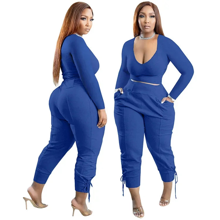 Plus Size Sexy Loose Fit Casual Two-Piece Set for plus Size Women V-Neck Pure Color Pantsuit Fashionable And Comfortable Ense...